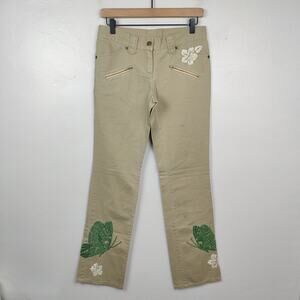 Vintage Y2K Aldo Gianne Embroidered Pants Womens Medium Tan Floral‎ Butterfly
